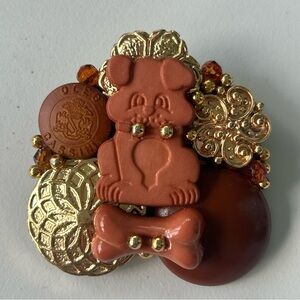 Vintage Oleg Cassini Dog Bone Brooch Pin Badge Gold Tone Plastic Kitsch